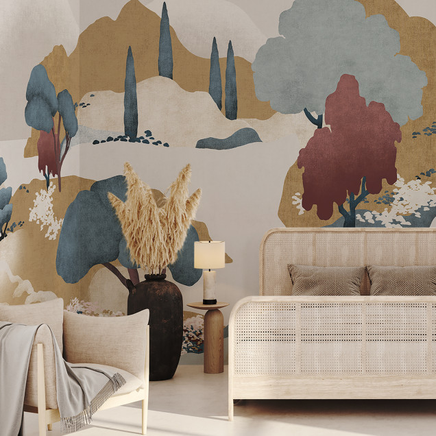 Tapetul Imperial Field - Panorama cu un design modern, abstract cu culori neutre, care reprezintă dealuri și copaci, ideal pentru living