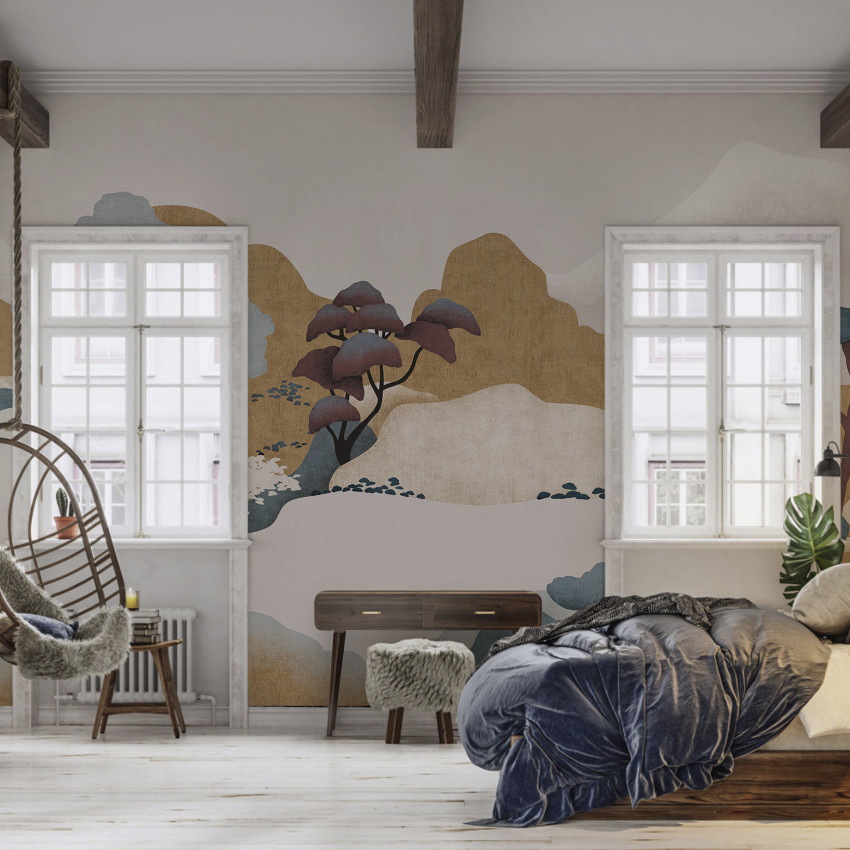 Imperial Field, tapet perete alb-negru, cu design minimalist, prezentand un peisaj montan