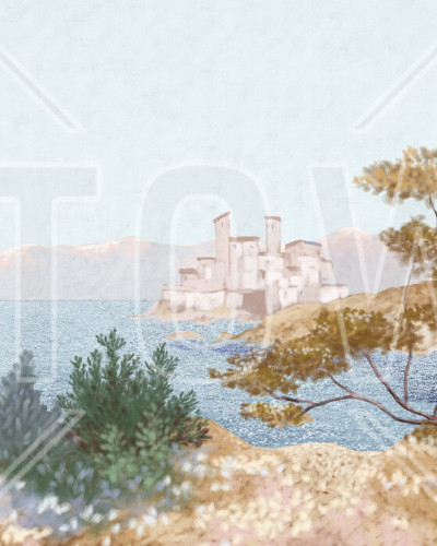 Tapet cu panorama unei peninsule cu o casă în stil mediteranean