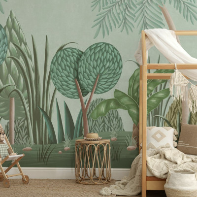 Tapet Nightfall Garden, Turquoise - Panorama, cu design exotic, culori vii si detalii delicate