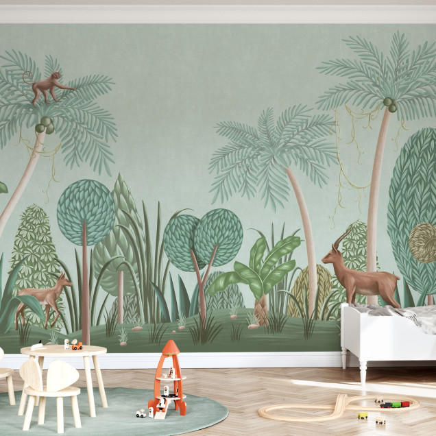 Tapet Nightfall Garden, Turquoise - Panorama, cu design exotic, culori vii si detalii delicate