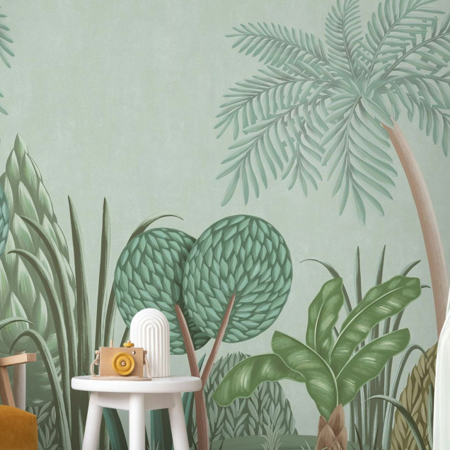 Tapet Nightfall Garden, Turquoise - Panorama, cu design exotic, culori vii si detalii delicate