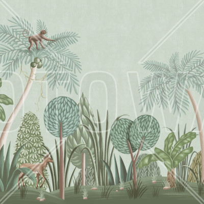 Tapet Nightfall Garden, Turquoise - Panorama, cu design exotic, culori vii si detalii delicate