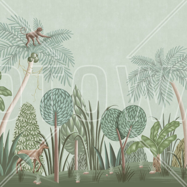 Tapet Nightfall Garden, Turquoise - Panorama, cu design exotic, culori vii si detalii delicate
