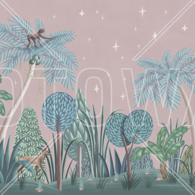 Tapet Nightfall Garden II, roz, cu design panoramic, prezentând o grădină luxuriantă, plină de palmieri, plante tropicale și animale adorabile.