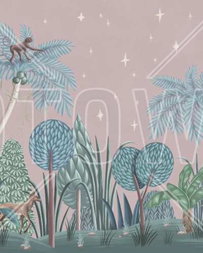 Tapet Nightfall Garden II, roz, cu design panoramic, prezentând o grădină luxuriantă, plină de palmieri, plante tropicale și animale adorabile.