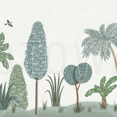 Wallpaper cu panorama unei grădini luxuriante din Africa, cu palmieri înalți, plante exotice și păsări colorate