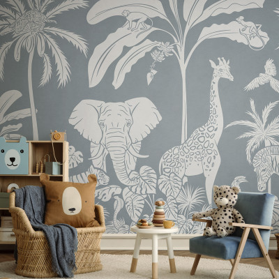 Fototapet monocrom cu tema junglei, albastru