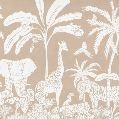 Tapet Jungle Monochrome, maro cu un design minimalist, exotic, cu o girafa, un elefant, o zebră și păsări. Tapetul este imprimat pe hârtie nețesută, ceea ce îl face ușor de aplicat și de îndepărtat.