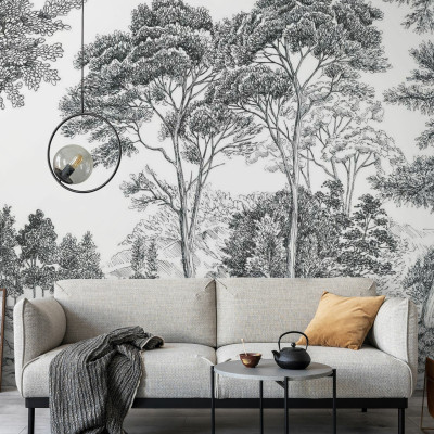 Tapet cu un design grafic minimalist, cu o imagine a unui peisaj cu copaci in nuante de gri, pe un fundal alb.