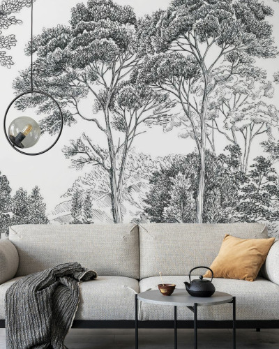 Tapet cu un design grafic minimalist, cu o imagine a unui peisaj cu copaci in nuante de gri, pe un fundal alb.