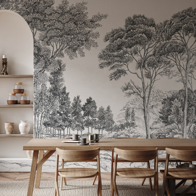 Tapet cu un design grafic minimalist, cu o imagine a unui peisaj cu copaci in nuante de gri, pe un fundal alb.