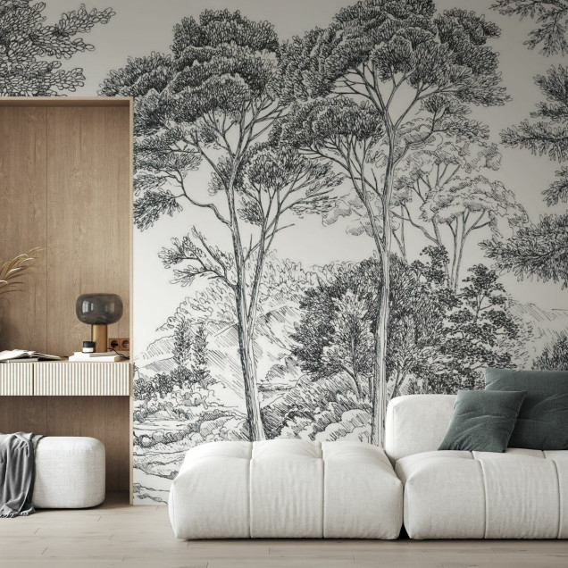 Tapet cu un design grafic minimalist, cu o imagine a unui peisaj cu copaci in nuante de gri, pe un fundal alb.