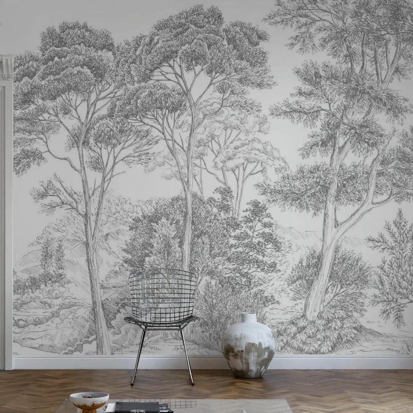 Tapet gri cu design de pădure, The Long Walk, Classic Grey - Panorama