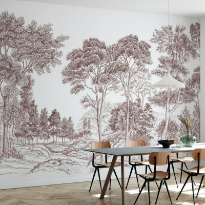 Tapet perete minimalist, The Long Walk, Dark Terracotta, cu design de copaci in nuante de maro inchis, decorand o incapere de dining.