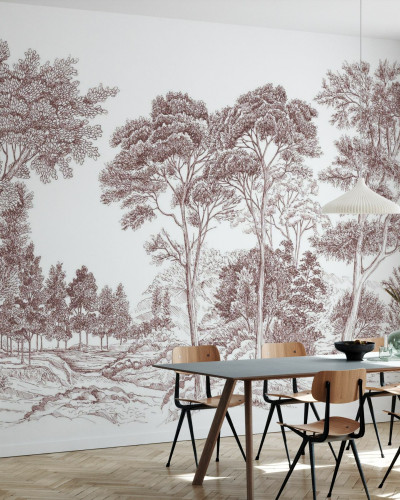 Tapet perete minimalist, The Long Walk, Dark Terracotta, cu design de copaci in nuante de maro inchis, decorand o incapere de dining.