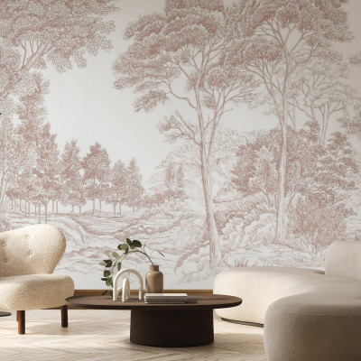 Tapet The Long Walk, Earthy Pink, cu design minimalist care ilustrează copaci înalți și un drum sinuos.