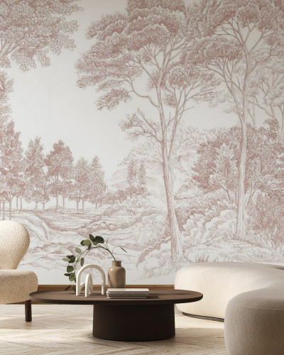 Tapet The Long Walk, Earthy Pink, cu design minimalist care ilustrează copaci înalți și un drum sinuos.