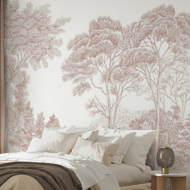 Tapet The Long Walk, Earthy Pink, cu design minimalist care ilustrează copaci înalți și un drum sinuos.