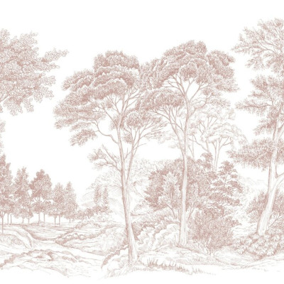 Tapet The Long Walk, Earthy Pink, cu design minimalist care ilustrează copaci înalți și un drum sinuos.