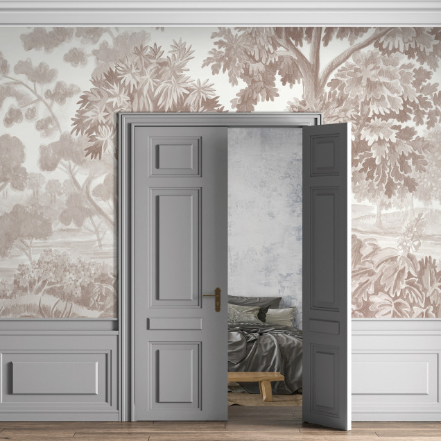 Tapet modern cu design de pădure, în nuanțe de maro pastel.