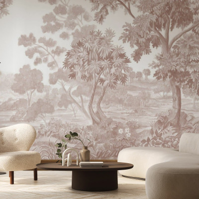 Tapet modern cu design de pădure, în nuanțe de maro pastel.
