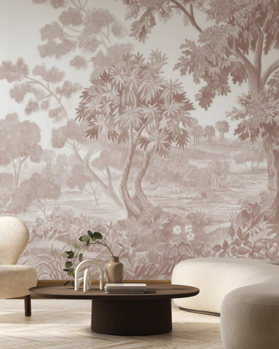 Tapet modern cu design de pădure, în nuanțe de maro pastel.