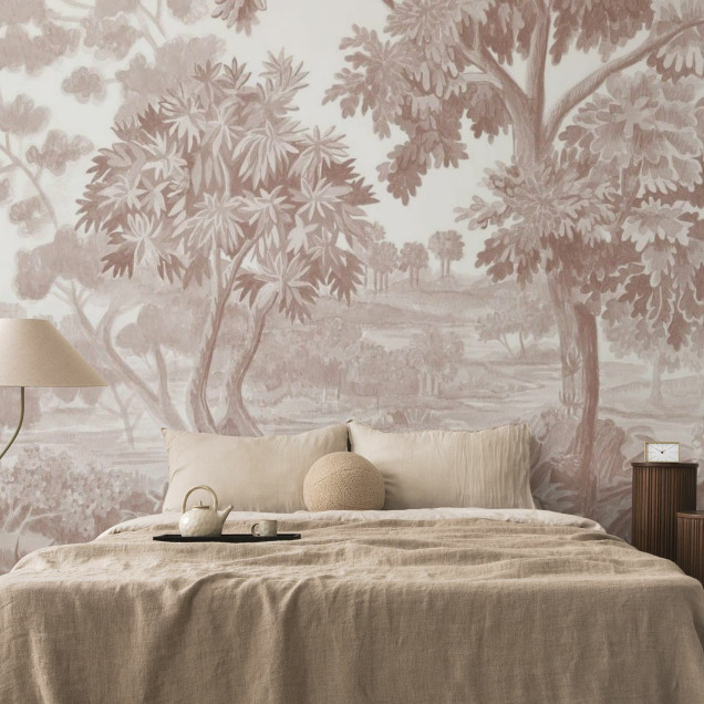Tapet modern cu design de pădure, în nuanțe de maro pastel.