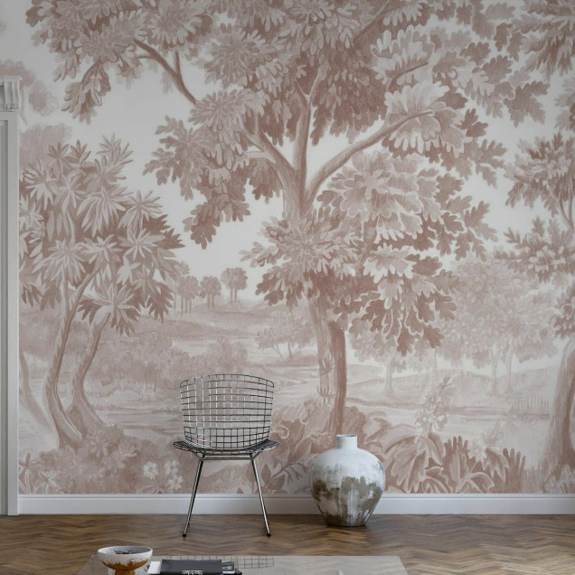 Tapet modern cu design de pădure, în nuanțe de maro pastel.
