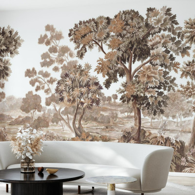 Tapet cu design natural, Old Forest, Timeless Taupe, cu nuanțe de maro și bej, perfect pentru un dormitor sau o sufragerie.