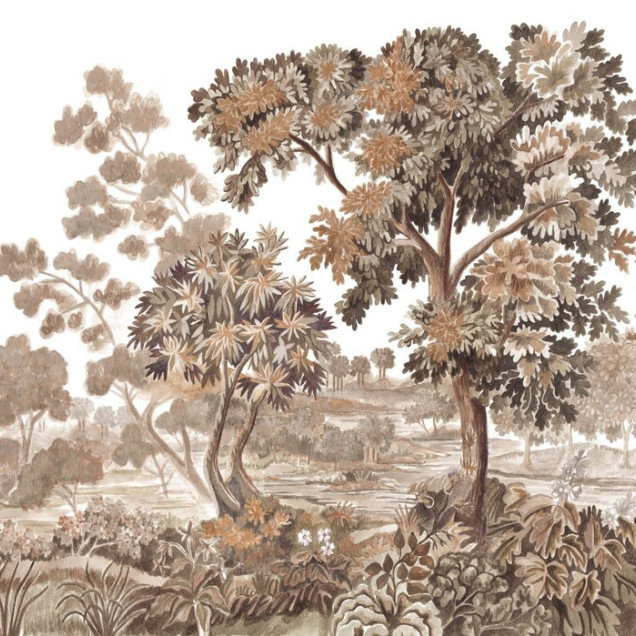 Tapet cu design natural, Old Forest, Timeless Taupe, cu nuanțe de maro și bej, perfect pentru un dormitor sau o sufragerie.