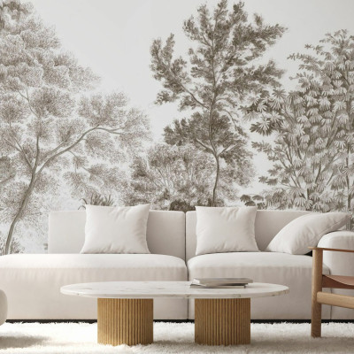 Fototapet cu design de pădure în nuanțe de taupe antic într-un living modern