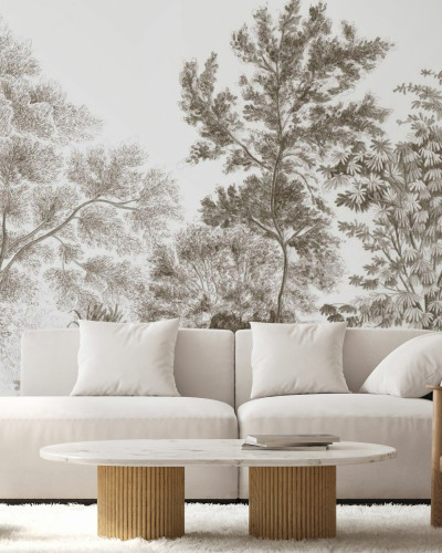 Fototapet cu design de pădure în nuanțe de taupe antic într-un living modern