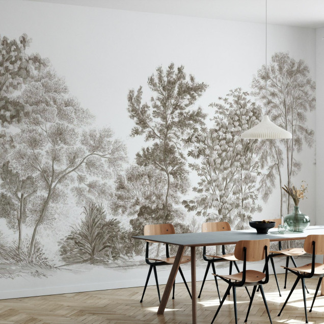 Fototapet cu design de pădure în nuanțe de taupe antic într-un living modern