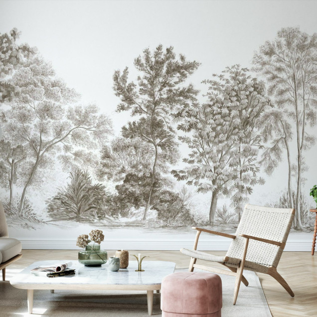 Fototapet cu design de pădure în nuanțe de taupe antic într-un living modern