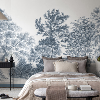 Tapet cu design minimalist, albastru pal, cu arbori, perfect pentru dormitor.