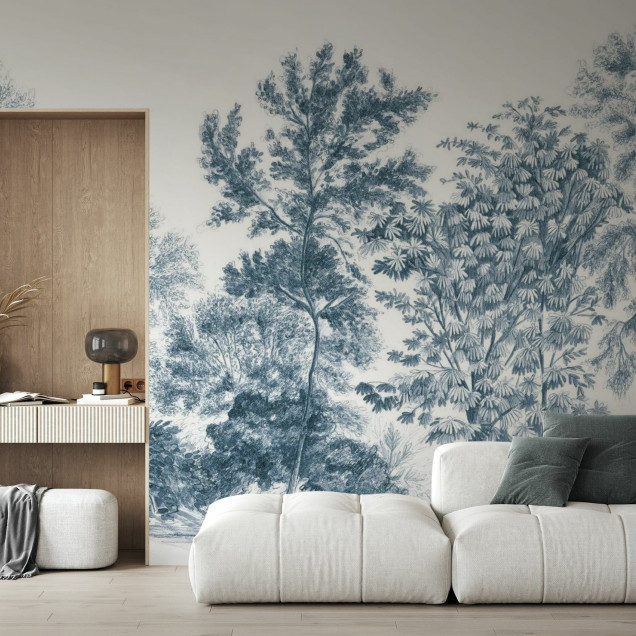 Tapet cu design minimalist, albastru pal, cu arbori, perfect pentru dormitor.