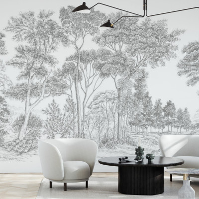 Tapet gri cu design de pădure, The Long Walk, Classic Grey - Panorama