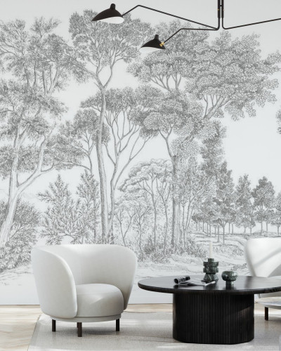 Tapet gri cu design de pădure, The Long Walk, Classic Grey - Panorama