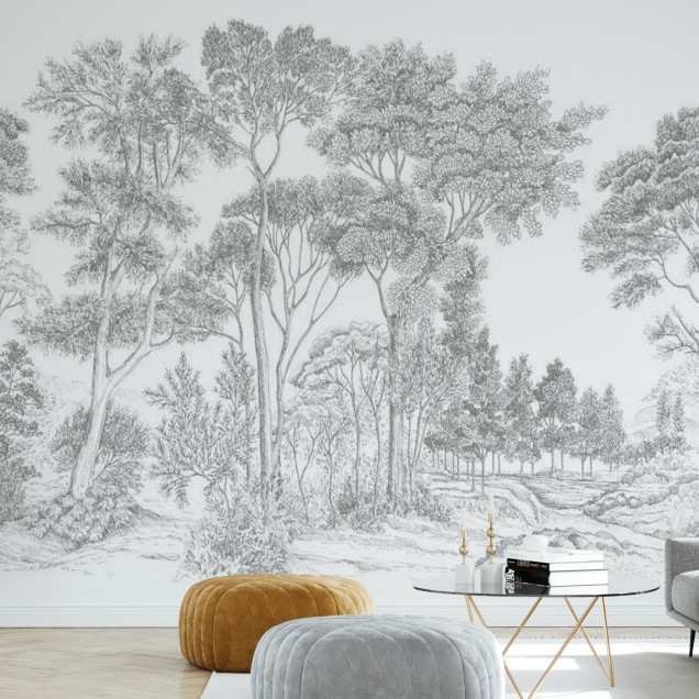 Tapet gri cu design de pădure, The Long Walk, Classic Grey - Panorama
