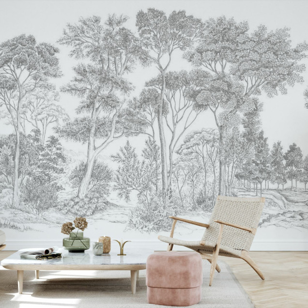 Tapet gri cu design de pădure, The Long Walk, Classic Grey - Panorama