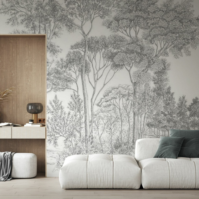 Tapet gri cu design de pădure, The Long Walk, Classic Grey - Panorama