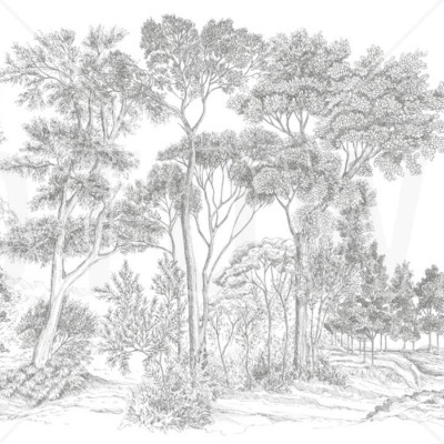 Tapet gri cu design de pădure, The Long Walk, Classic Grey - Panorama