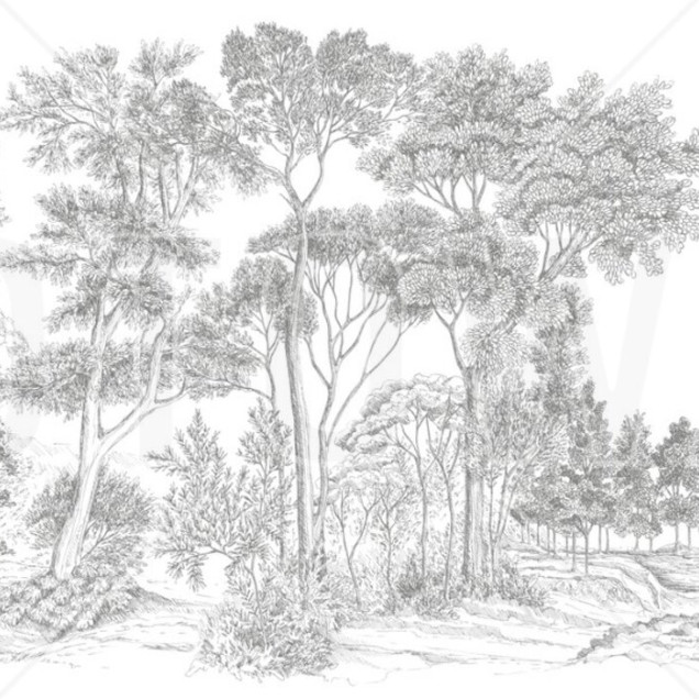Tapet gri cu design de pădure, The Long Walk, Classic Grey - Panorama