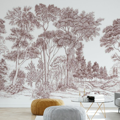 Tapet cu design minimalist cu copaci in nuante de teracota