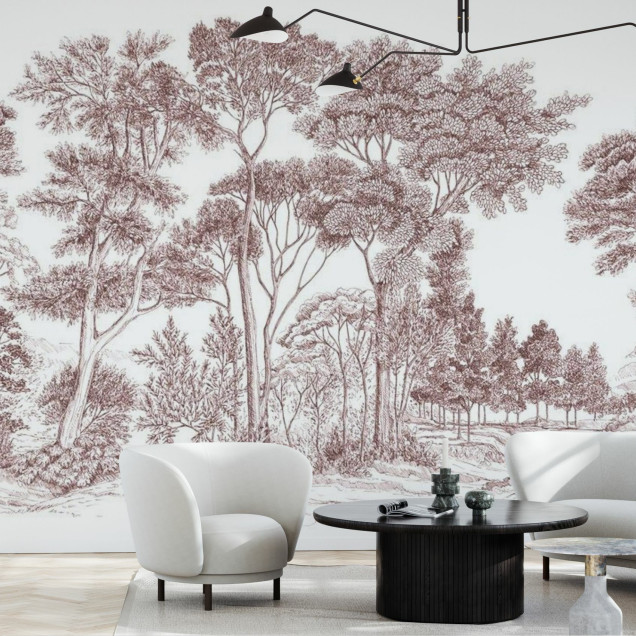 Tapet cu design minimalist cu copaci in nuante de teracota
