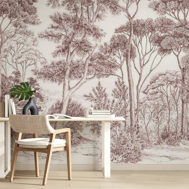 Tapet cu design minimalist cu copaci in nuante de teracota