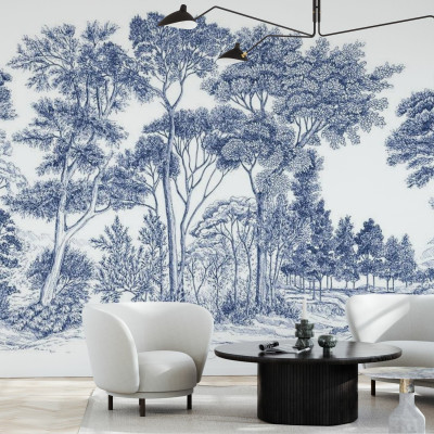 Panou cu design unic, The Long Walk, Deep Blue,  cu imagini de arbori în nuanțe de albastru, perfect pentru a crea un perete accent în living, dormitor sau birou.