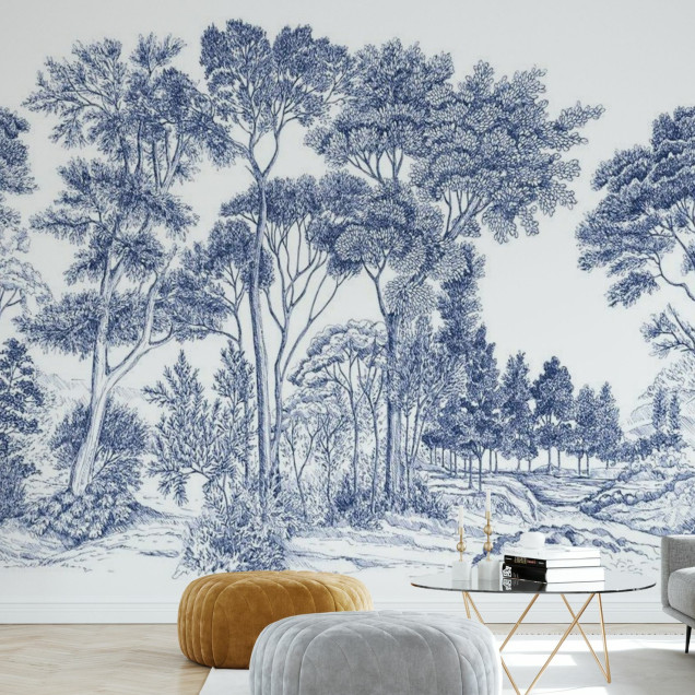 Panou cu design unic, The Long Walk, Deep Blue,  cu imagini de arbori în nuanțe de albastru, perfect pentru a crea un perete accent în living, dormitor sau birou.