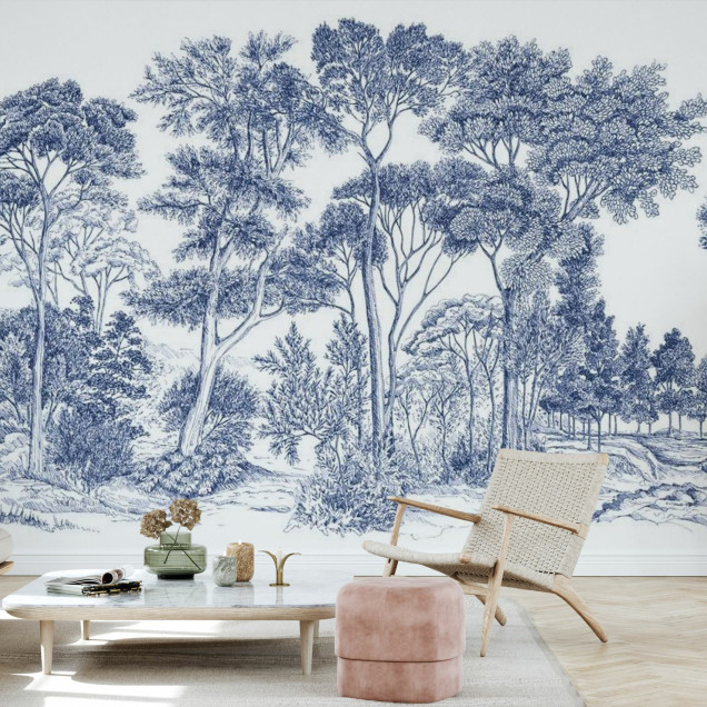 Panou cu design unic, The Long Walk, Deep Blue,  cu imagini de arbori în nuanțe de albastru, perfect pentru a crea un perete accent în living, dormitor sau birou.